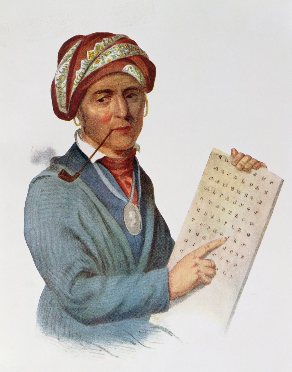 Se-quo-yah tai George Guess, 1828, kuvitus teoksesta "The Indian Tribes of North America, Vol.1", Thomas L. McKenney ja James Hall, pub. kirjoittanut John Grant tekijältä Charles Bird King