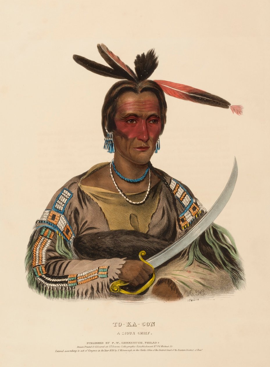 TO-KA-CON. A SIOUX CHIEF., kirjasta History of the Indian Tribes of North America. tekijältä Charles Bird King