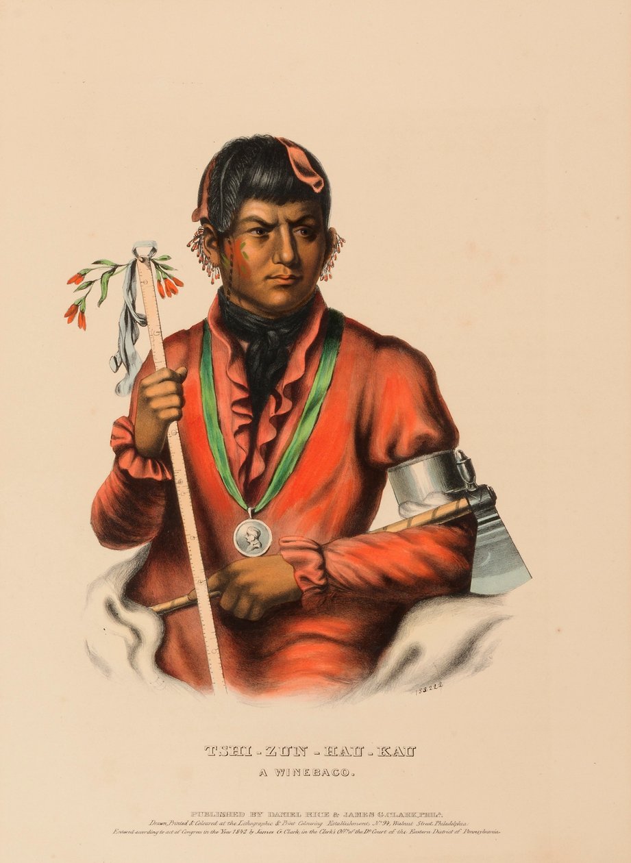 TSHI-ZUN-HAU-KAU. A WINNEBAGO., kirjasta History of the Indian Tribes of North America. tekijältä Charles Bird King