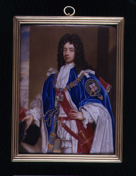John Mannersin, Rutlandin 2. herttuan (1676-1721) muotokuvaminiotyyppi sukkanauhapuvussa, noin 1715 (emali metallille). tekijältä Charles Boit