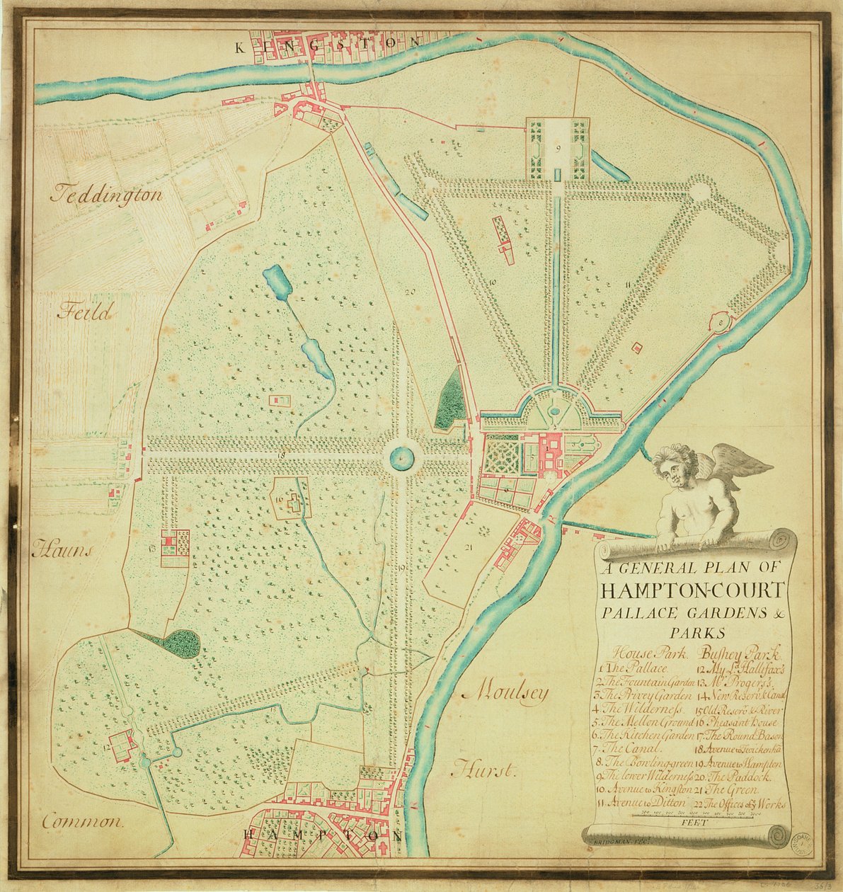 Hampton Courtin palatsin puutarhojen ja puistojen yleissuunnitelma, n. 1713 (kynä ja muste ja wc paperilla) tekijältä Charles Bridgeman
