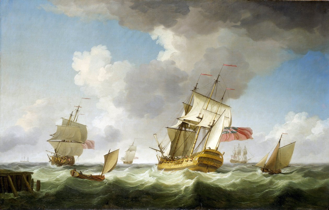 Brittiläisen Itä-Intian komppanian kauppa-alus kovassa tuulessa lähellä laituria, josta se on juuri lähtenyt. Charles Brookingin (1723-1759) öljy kankaalle, noin 1750. tekijältä Charles Brooking