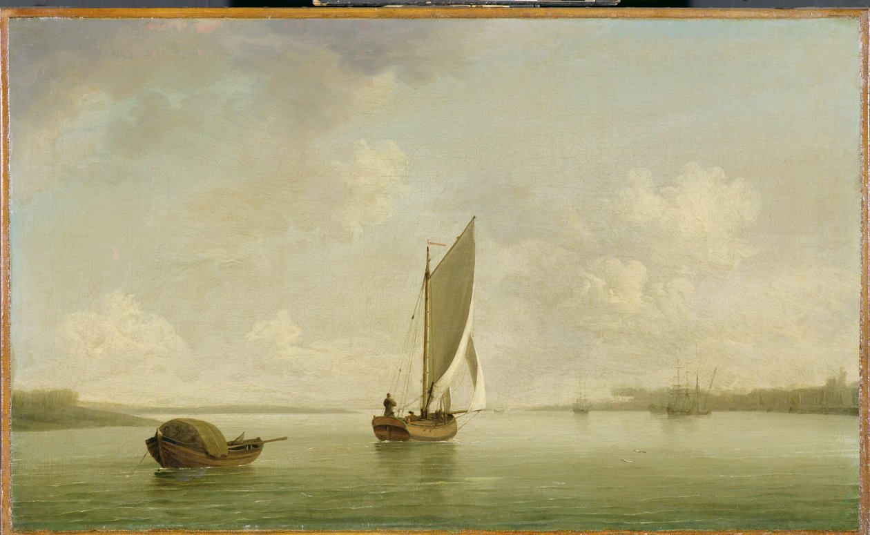 Smack Under Sail in the Light Breeze in the River, n. 1756-1759 (öljy kankaalle) tekijältä Charles Brooking