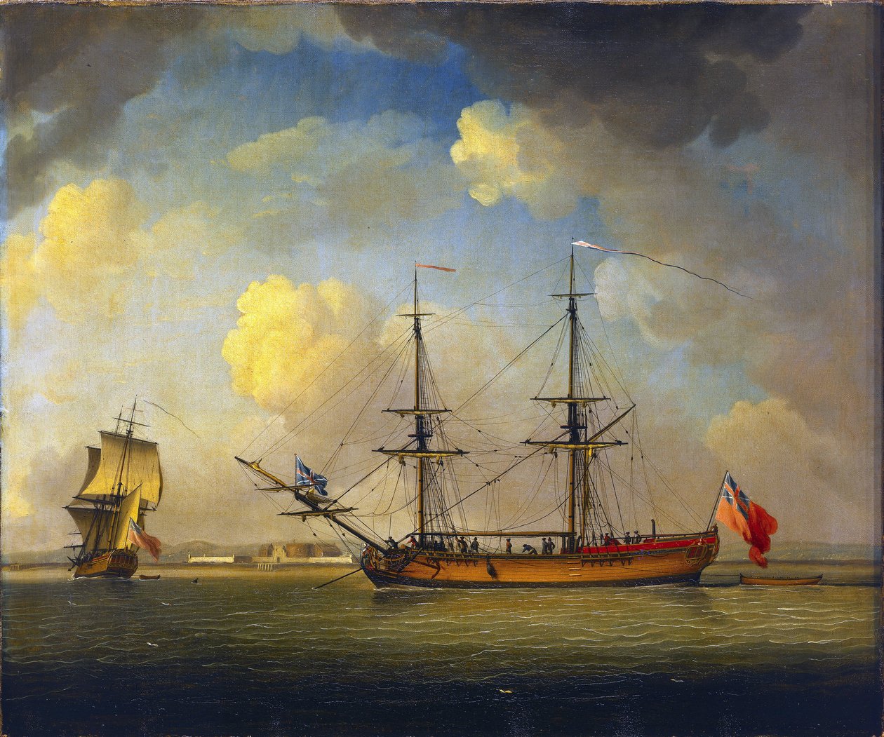 Laiva "Naval Snow", brittiläinen kaksimastoinen alus, jota käytettiin kuninkaallisen laivaston tarvikkeiden kuljetukseen, horisontissa, Fort Tilbury, Thamesilla, Englannissa. tekijältä Charles Brooking