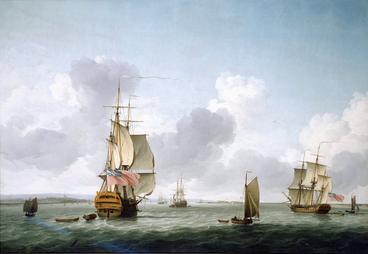 Kaksikerroksinen laiva ja fregatti nousemassa Thamesia (Englanti) pitkin Gravesendin edustalla. Charles Brookingin (1723-1759) öljy kankaalle. tekijältä Charles Brooking