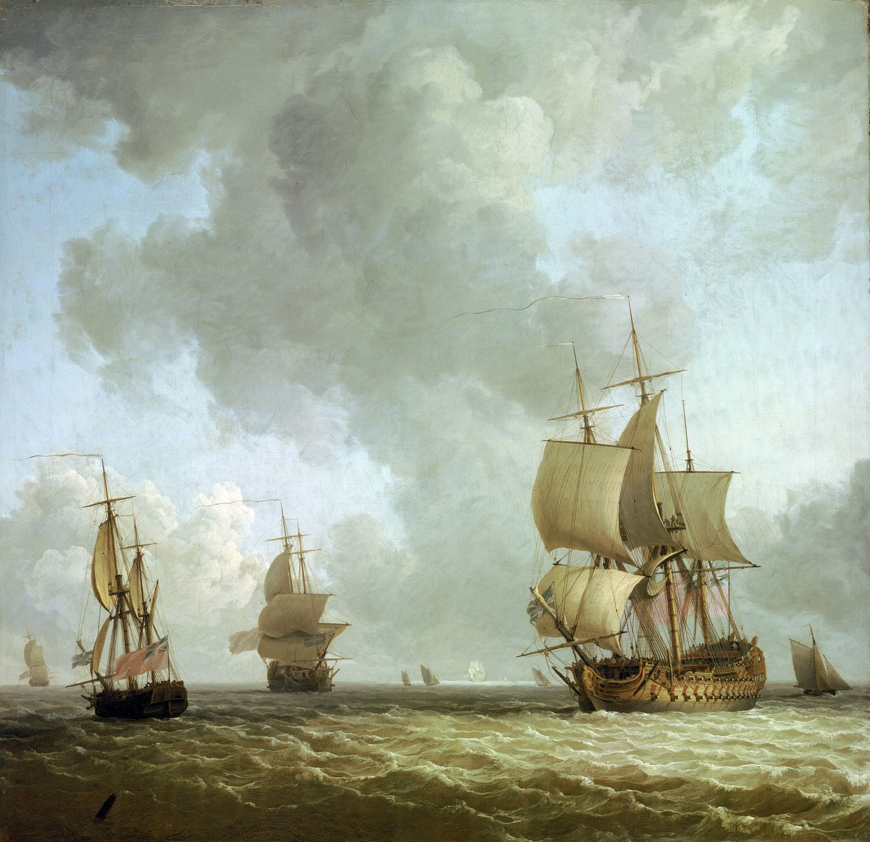Britannian kuninkaallisen laivaston alukset puhaltavat merituulessa. Charles Brookingin (1723-1759) öljy kankaalle, noin 1750. tekijältä Charles Brooking