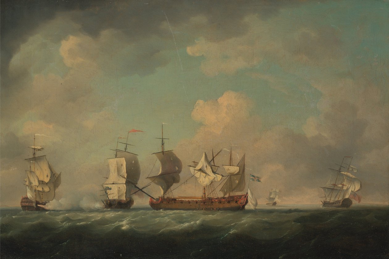 Ranskalaisten aarrelaivojen Marquis dAntin ja Louis Erasmé vangitseminen vuosina 1745-1755 tekijältä Charles Brooking
