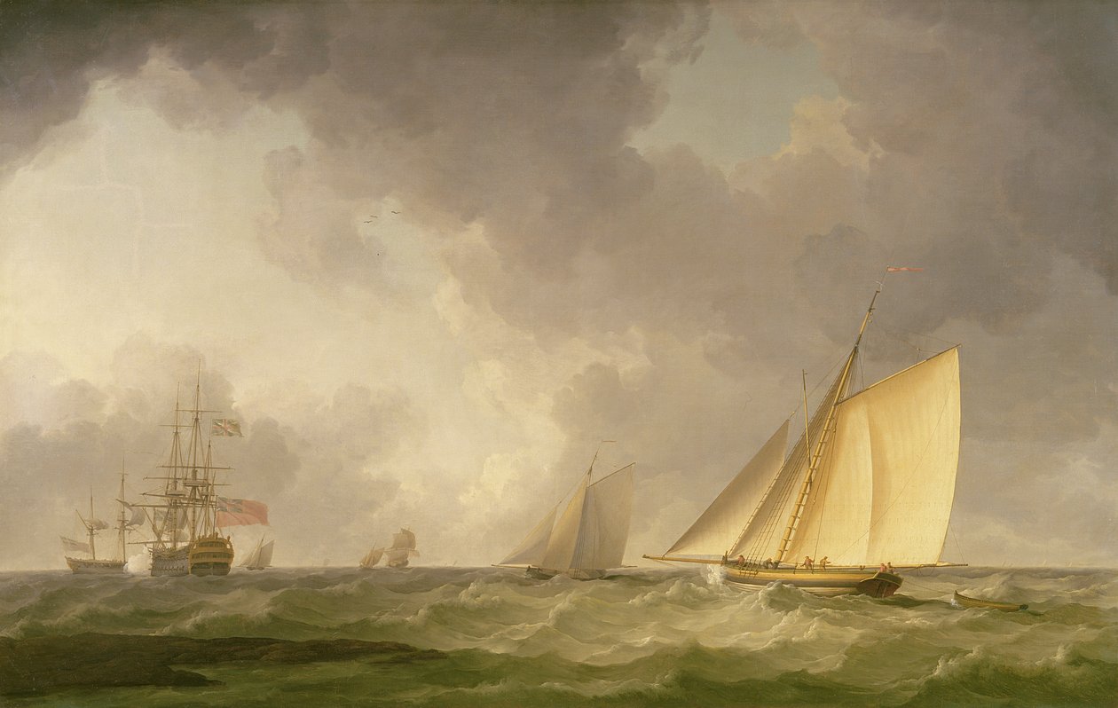 Cutter Close Vedetty tuoreessa tuulessa, muilla toimituksilla, n. 1750 tekijältä Charles Brooking