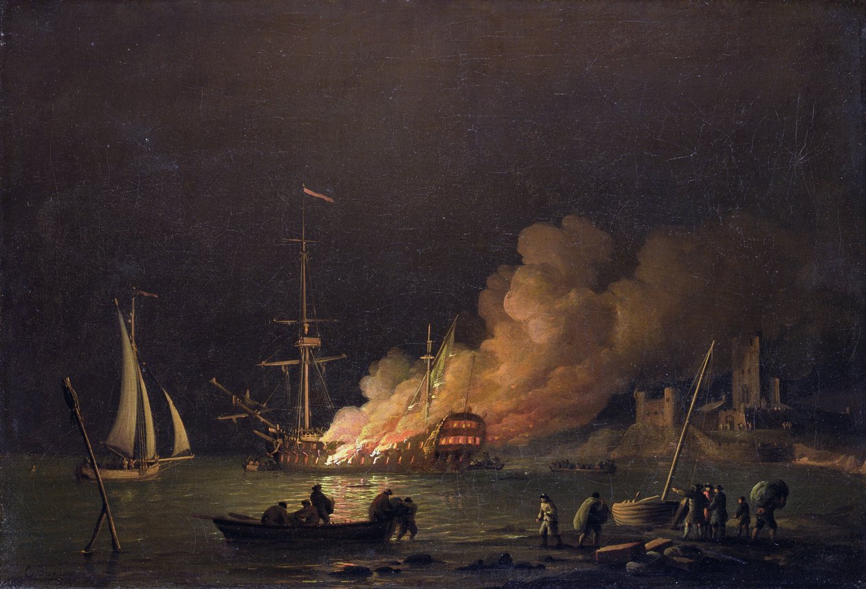 Ship on Fire at Night, n. 1756 (öljy kankaalle) tekijältä Charles Brooking