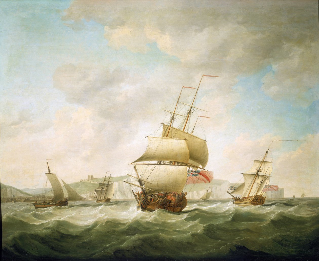 Kauppalaiva ja kuninkaallinen jahti lyövät tuulta, Doverin rannikolla (Englanti). Charles Brookingin (1723-1759) öljy kankaalle, noin 1750. tekijältä Charles Brooking