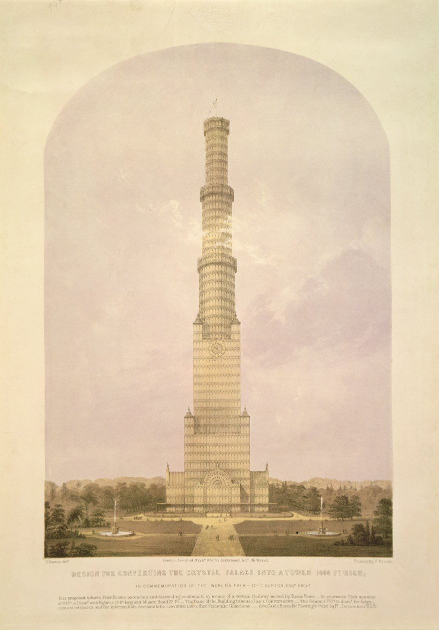 Suunnittelu Crystal Palacen muuttamiseksi 1000 jalkaa korkeaksi torniksi, pubiksi. Ackermann und Co., 1852 tekijältä Charles Burton