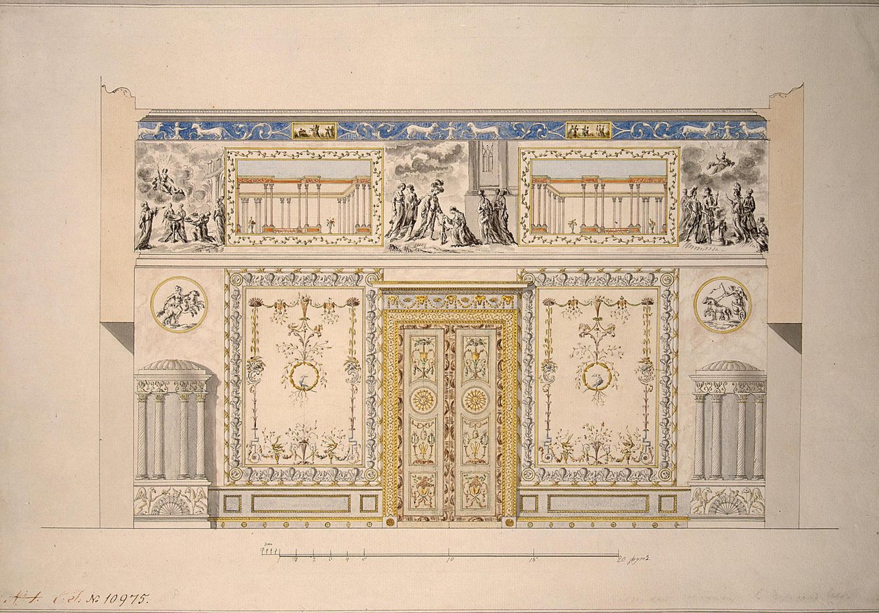 Suunnittelu Lyons Hallin keltaiseen olohuoneeseen Tsarskoje Selon suuressa palatsissa, 1780-luvun alku tekijältä Charles Cameron