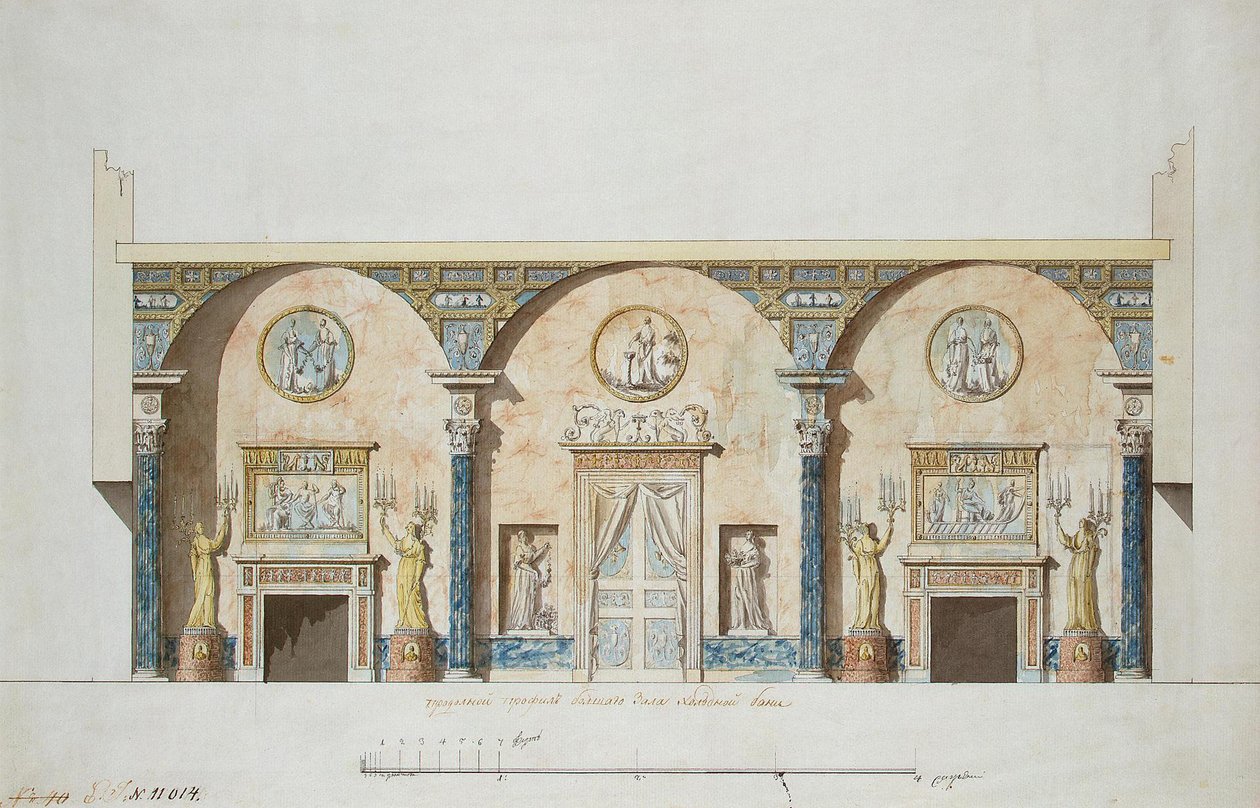 Tsarskoje Selon Agate-paviljongin pääsalin suunnittelu, 1780-luvun alku tekijältä Charles Cameron