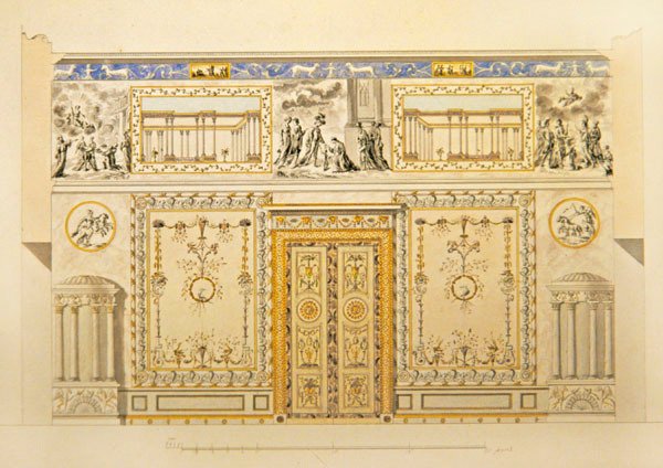 Oven seinän kohotus, Lyonin salonki, Katariinan palatsi Tsarskoje Selossa, 1780-luvun alku (kynä, sivellin, intialainen muste ja akvarelli paperille) tekijältä Charles Cameron
