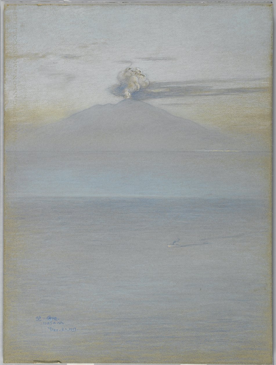 Näkymä Vesuviukselle: Vaikutus klo 11.25, 21. joulukuuta 1913 (pastelli harmaansiniselle kudospaperille) tekijältä Charles Caryl Coleman