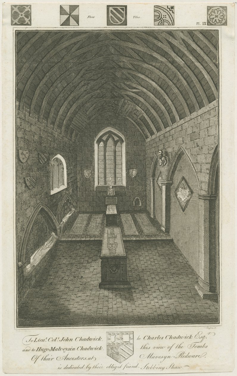 Mavesyn Ridware - Mortuary Chapel of the Mavesyns: kaiverrus, nd [18. vuosisadan loppupuoli] (vedos) (painokuva) tekijältä Charles Chadwick