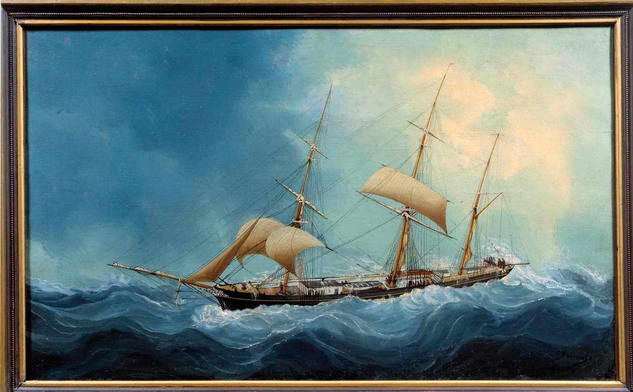 Kolmimaton purjevene lennossa Charles Cheri Dubreuil (Cheri-Dubreuil) (1828-1880) maalaus 1865 - Fecamp. Musee Des Terre Neuvas - Kolmimastoinen alus pakenemassa. Charles Dubreuilin maalaus (1800-luku) tekijältä Charles Cheri Dubreuil