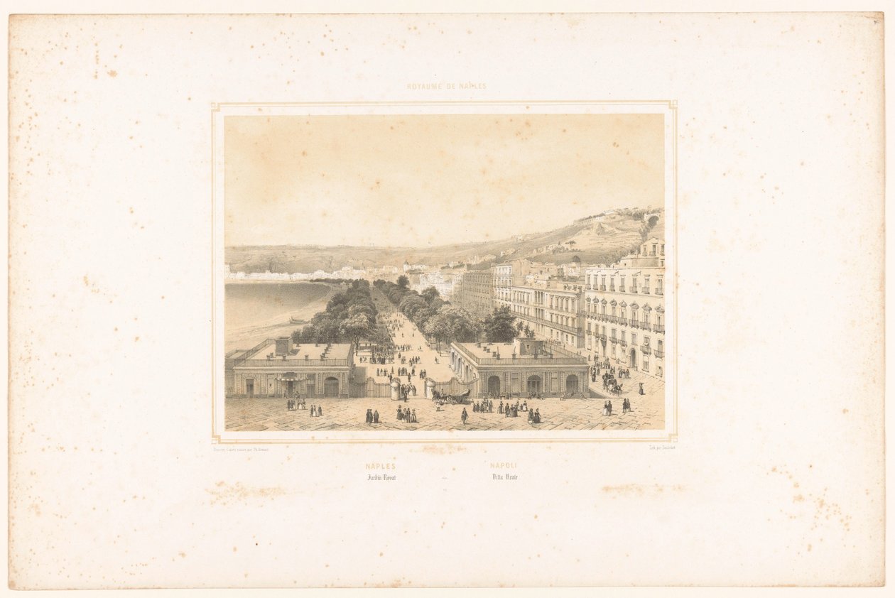 Näkymä Villa Poggio Reale -kadulle, jossa on puita Napolissa Napoli. Jardin Royal / Napoli. Villa Reale (otsikko esineessä) Napolin kuningaskunnan kasvot (sarjan nimi) Royaume de Naples (sarjan nimi esineellä) tekijältä Charles Claude Bachelier