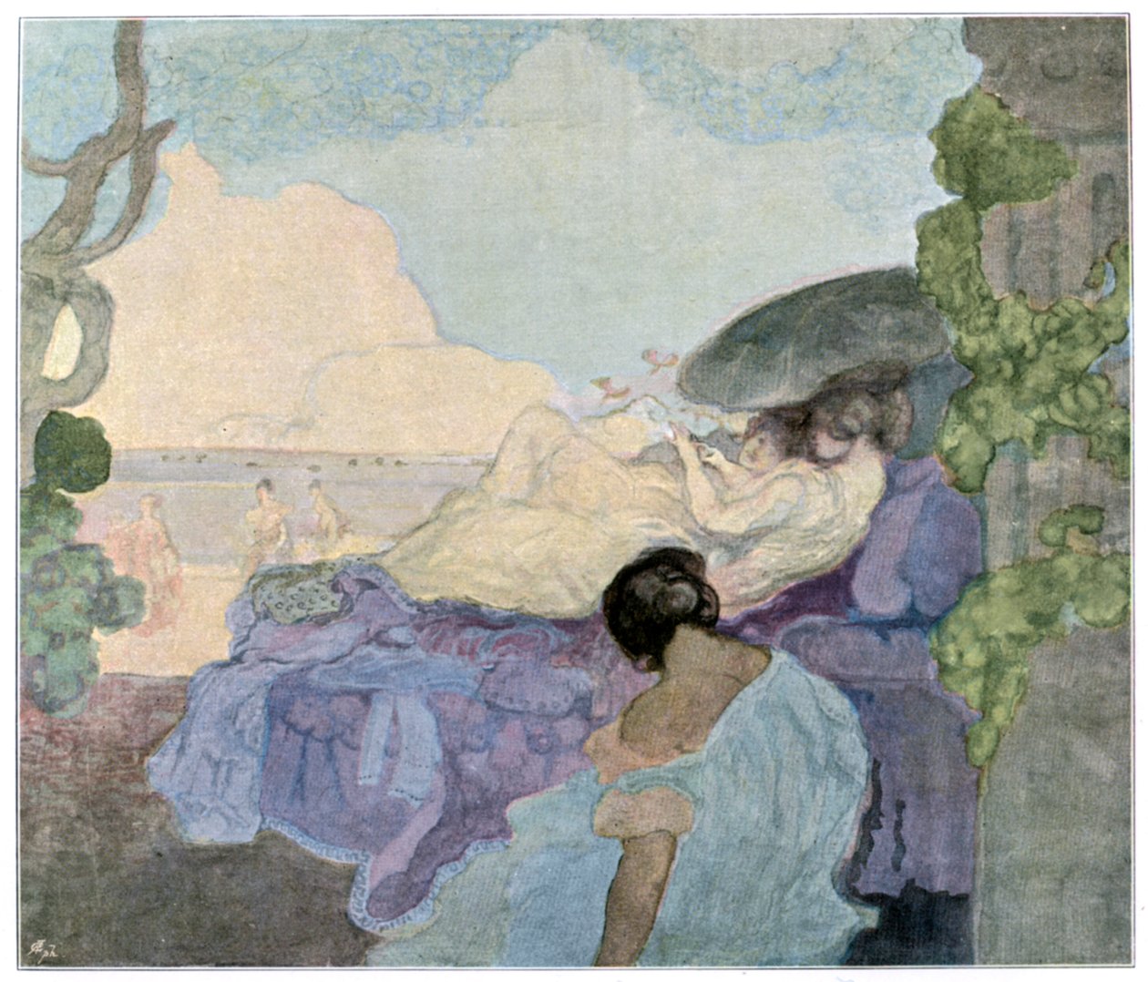 Naiset rentoutumassa meren rannalla, 1898. tekijältä Charles Edward Conder