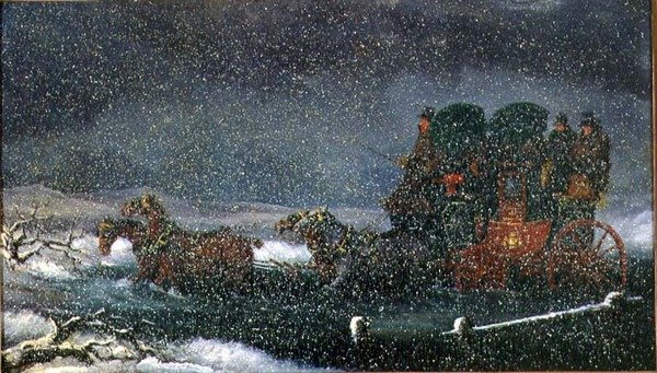 Stagecoach pyörittelee virtaa lumimyrskyssä (öljy kankaalle) tekijältä Charles Cooper Henderson