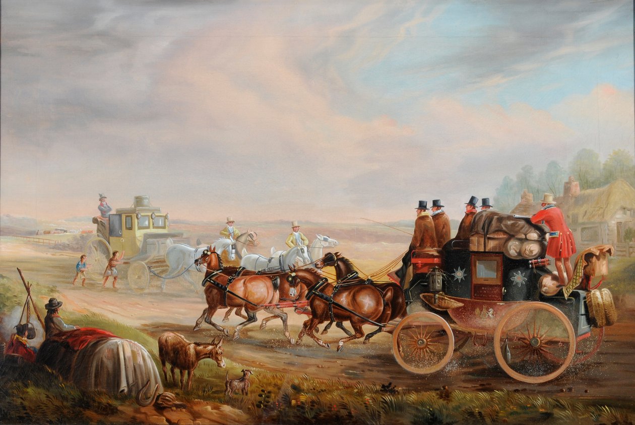 Hull-Londonin kuninkaallisen postin tapaaminen matkavaunujen kanssa tiellä, noin 1835 (öljy kankaalle) tekijältä Charles Cooper Henderson