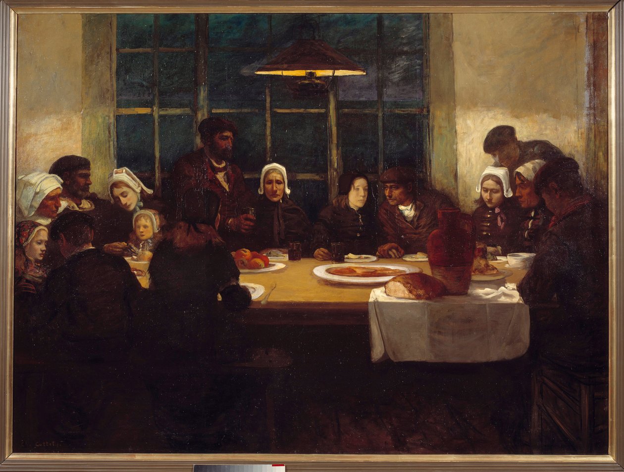 Jäähyväiset meren maassa Bretonien perhe kokoontui pöydän ympärille. Charles Cottetin (1863-1924) triptyqyen keskipaneeli. 1898 Su. 1,76x2,37 m Pariisi, museo d