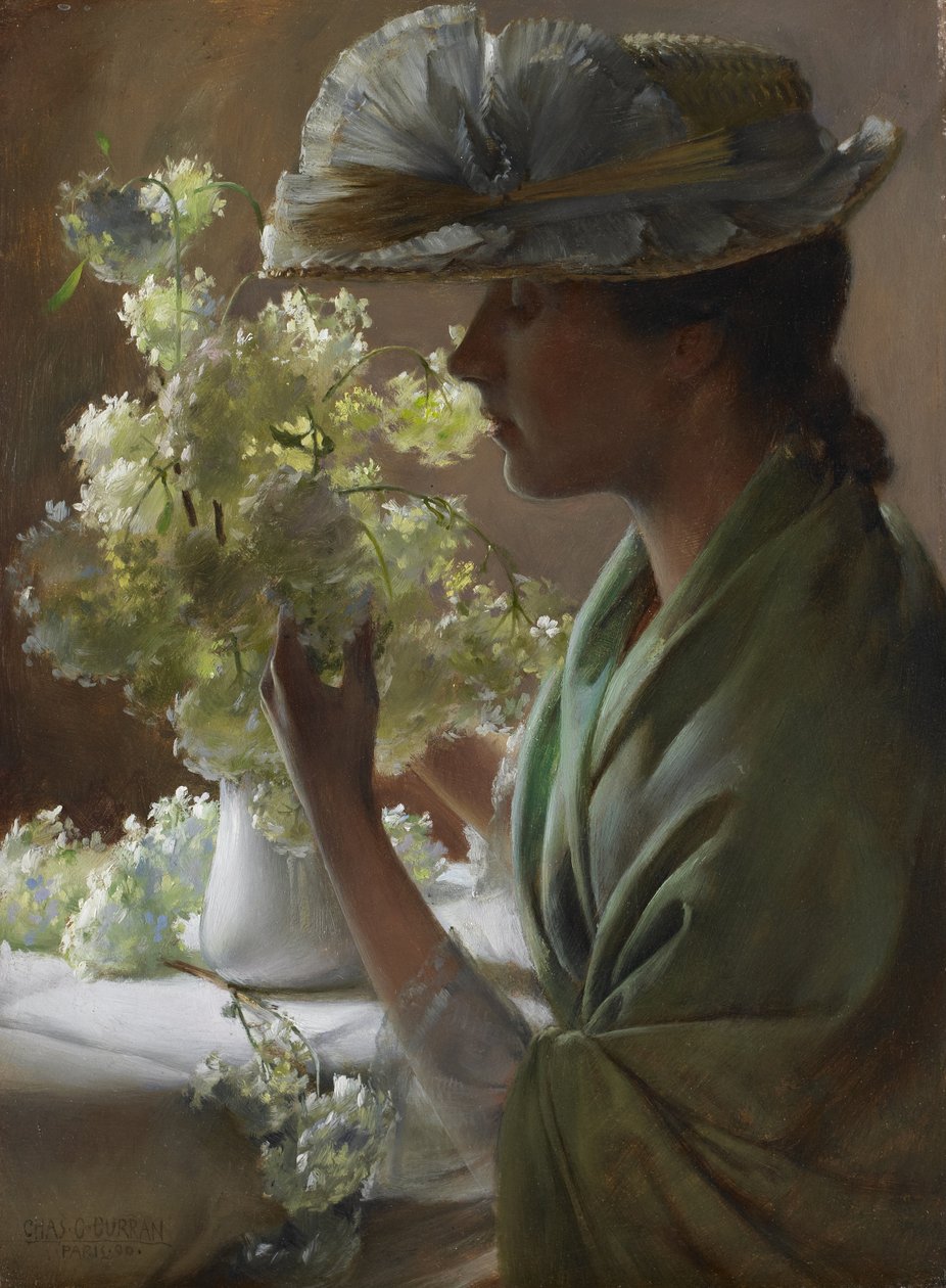 Nainen kukkakimpun kanssa (Lumipallot) tekijältä Charles Courtney Curran