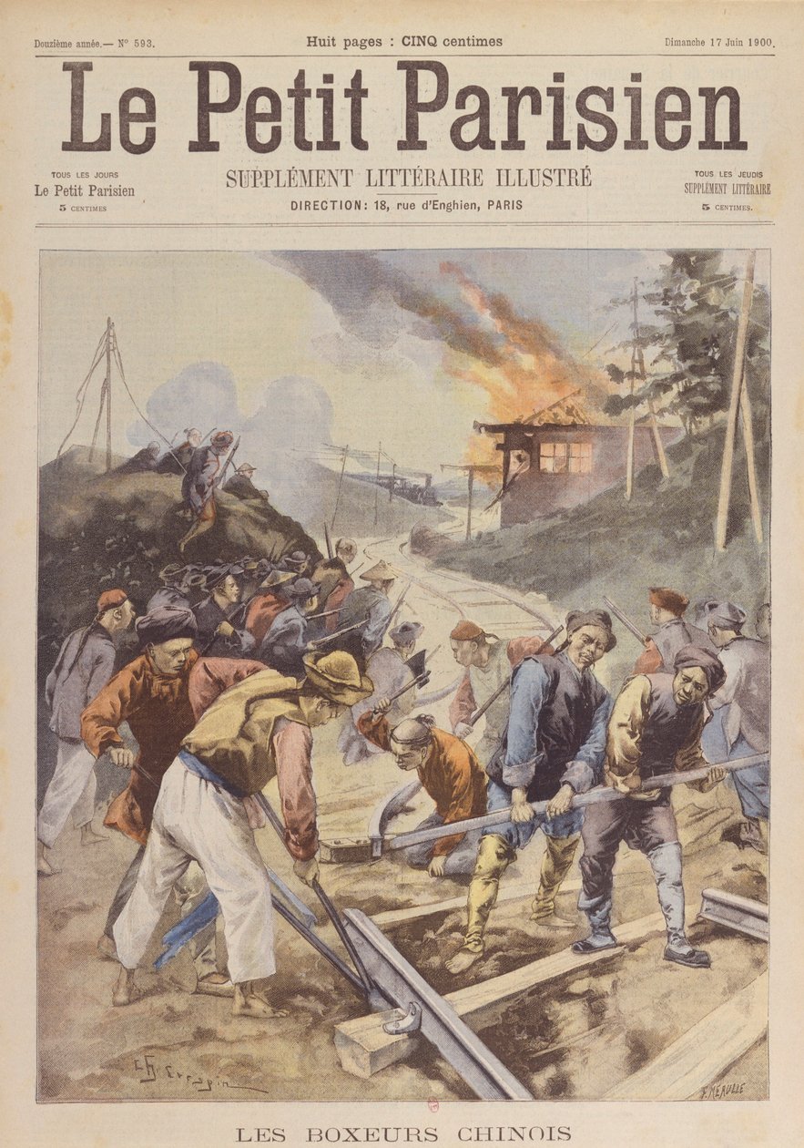 Boxer Rebellion (1900-01), Boxers sabotoi rautatietä, kesäkuu 1900 (tulostus) tekijältä Charles Crespin
