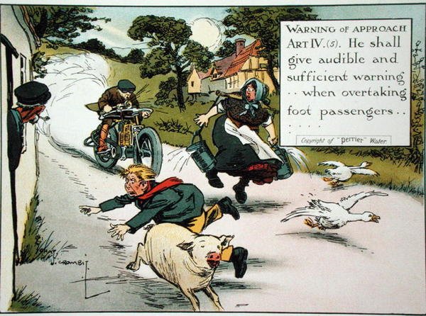Varoitus lähestymisestä. Taide. IV.(5) Hänen tulee antaa kuuluva ja riittävä varoitus... ohittaessaan jalkamatkustajia tieliikennesääntökirjasta, julkaistu n. 1905 (väri litho) tekijältä Charles Crombie