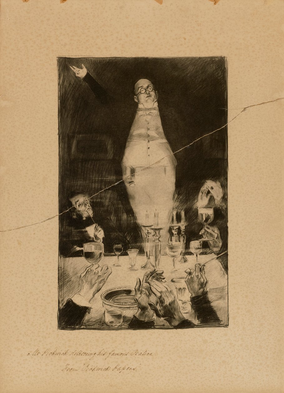 Herra Pickwick pitämässä kuuluisaa puhettaan, kirjasta "Pickwick Papers". tekijältä Charles Dana Gibson