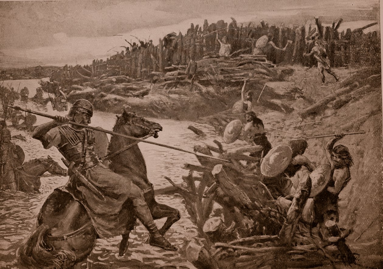 Caesar ylittää Thamesin, kuvitus "Hutchinsonin tarinasta brittiläisestä kansasta", n. 1920 tekijältä Charles Daniel Ward