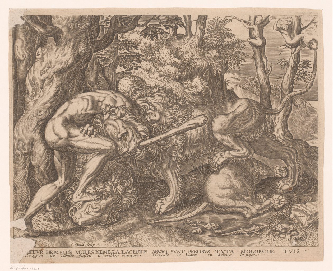 Hercules pitää Nemean leijonaa kuristusotteessa Herculesin työt Frans Florisin jälkeen (sarjan nimi) tekijältä Charles David