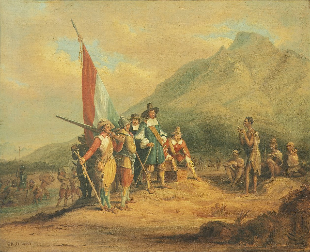 Jan van Riebeeckin ja hänen miehensä saapuminen Hyväntoivon niemelle huhtikuussa 1652 tekijältä Charles Davidson Bell