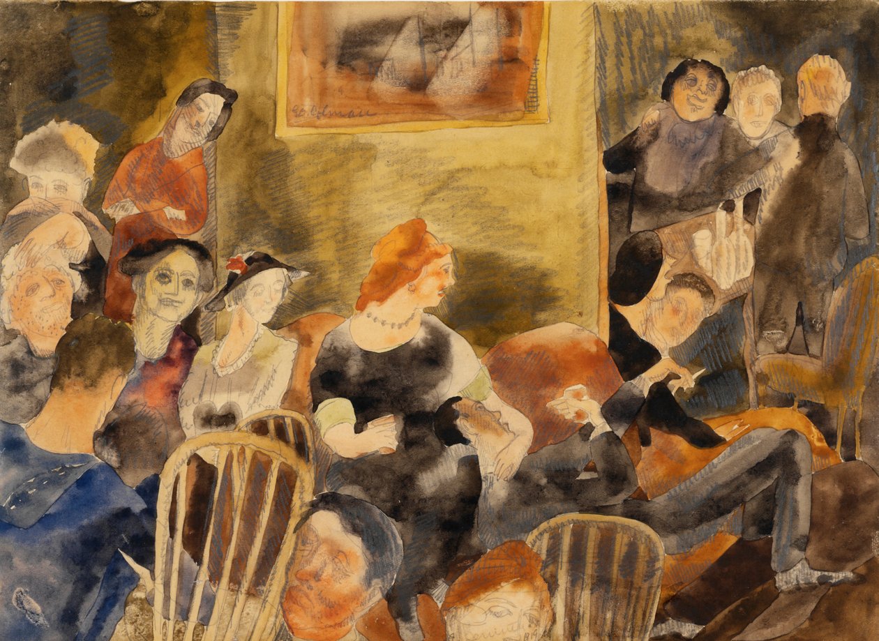 Sisäkuva, jossa ihmisryhmä ympäröi punatukkaista naista tekijältä Charles Demuth
