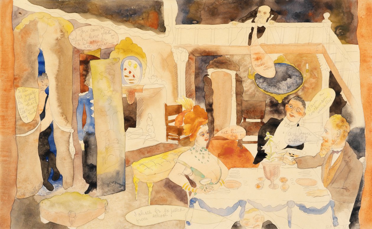 Lulu ja Alva Schoen lounaalla, 1918 (wc ja kynä paperille) tekijältä Charles Demuth