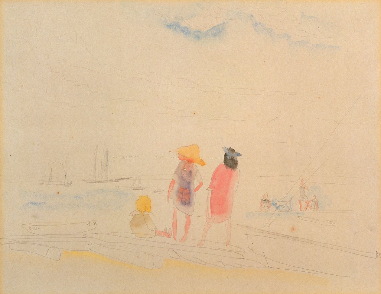 Kaksi naista ja lapsi rannalla (wc ja kynä paperille) tekijältä Charles Demuth