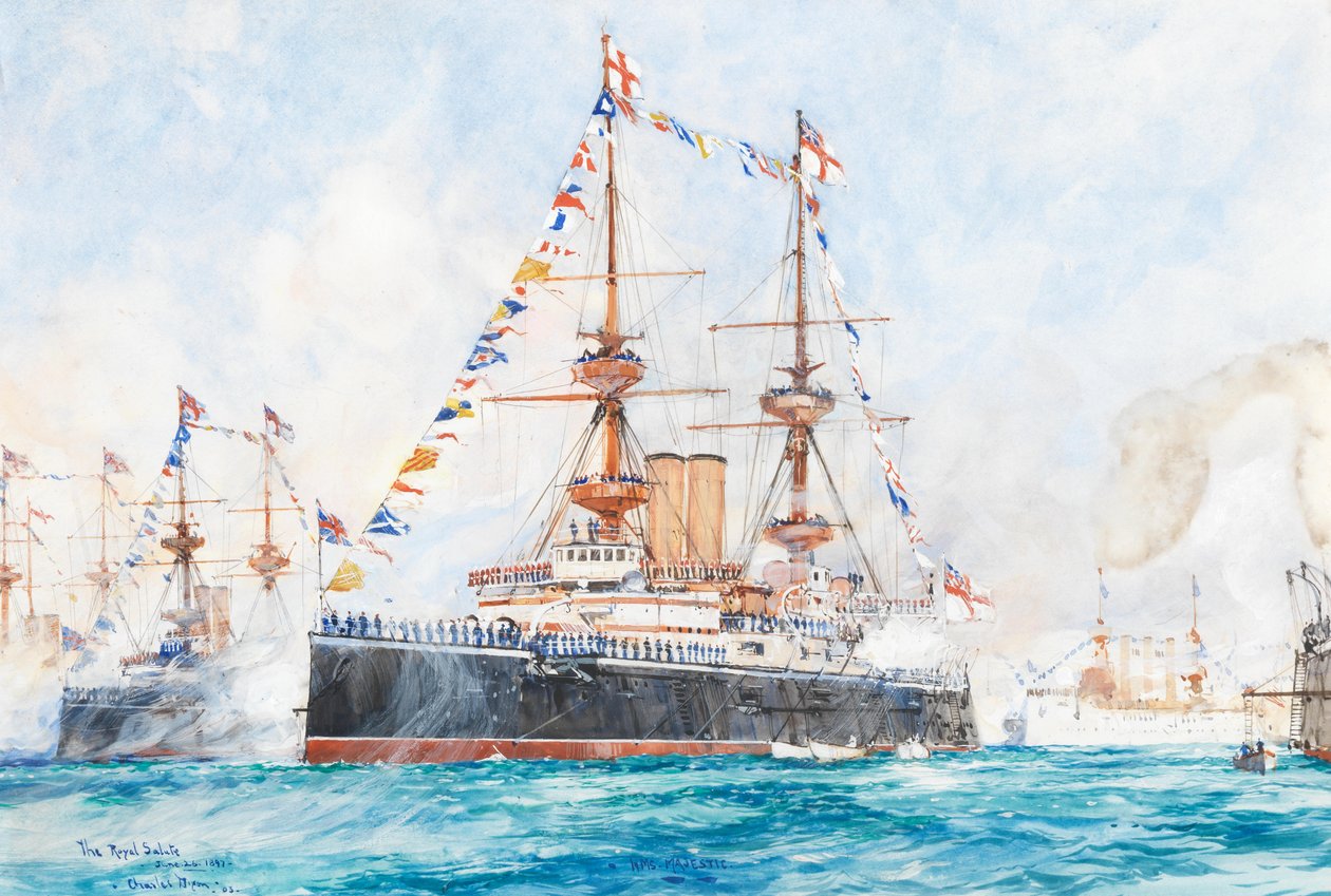 HMS Majestic vuoden 1897 timanttisen juhlavuoden laivastotilaisuudessa Spitheadissa. tekijältä Charles Dixon