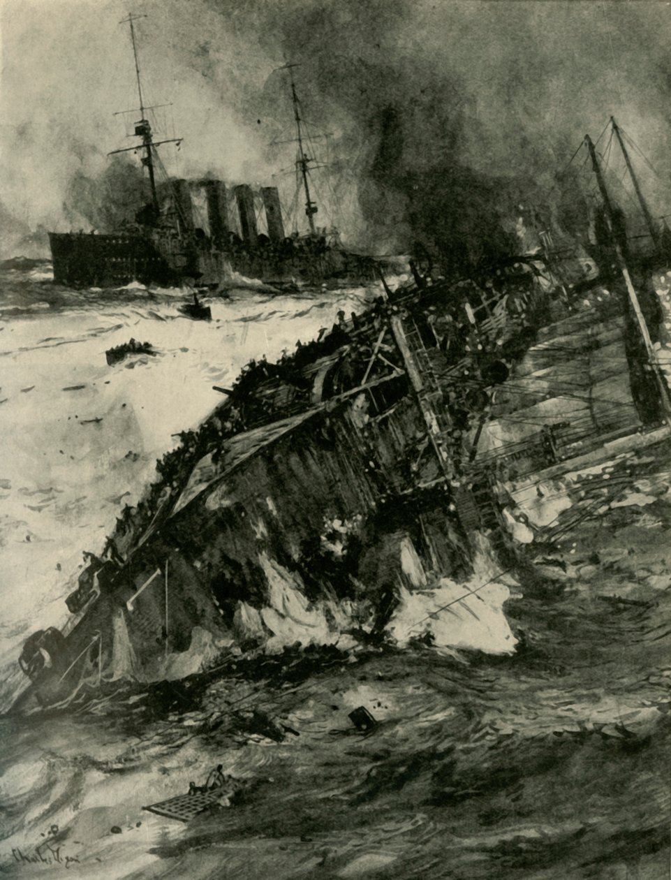 HMS Aboukirin uppoaminen, ensimmäinen maailmansota, 22. syyskuuta 1914, c1920. tekijältä Charles Dixon