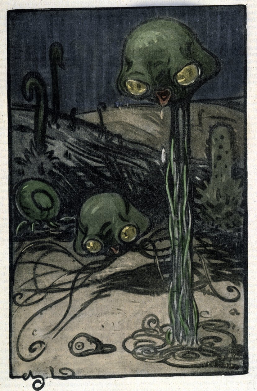 Mars-planeetan asukas. M. Dudouytin (1885-1946) kuvitus Herbert George Wellsin (1866-1946) romaanille "Maailmoiden sota". tekijältä Charles Dudouyt