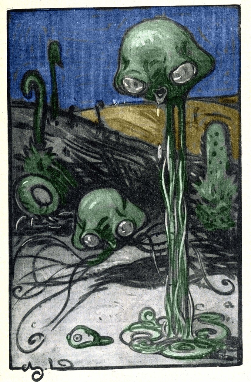 M. Dudouytin kuvitus H. G. Wellsin (1866-1946) romaanille "Maailmoiden sota"; Mars-planeetan asukkaiden edustus. tekijältä Charles Dudouyt