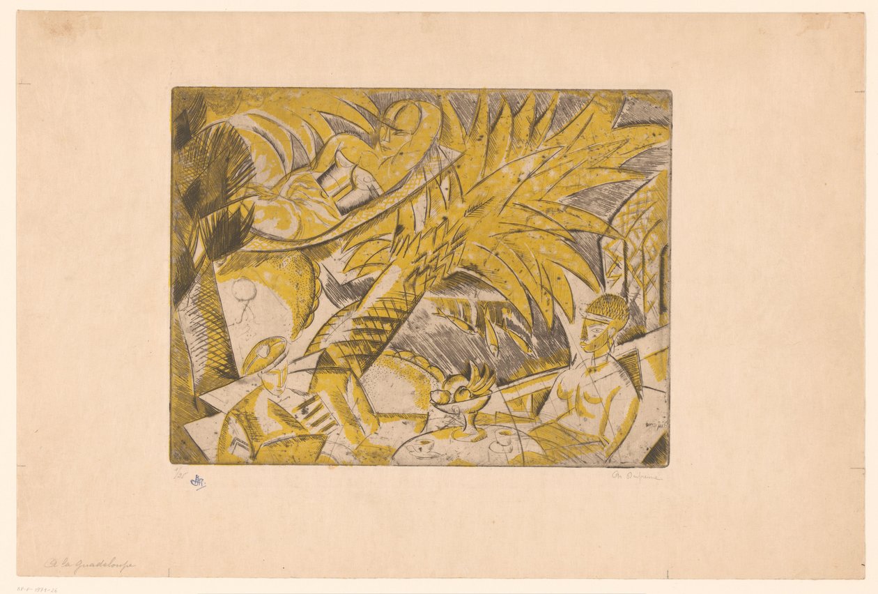 Auringonottohahmot palmun alla A la Guadeloupe (otsikko esineessä) tekijältä Charles Dufresne (signed by artist)