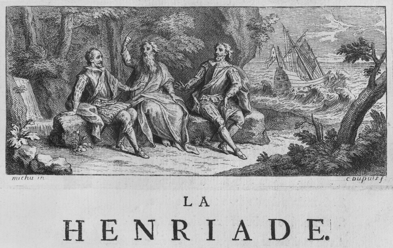 Etukappaleen kuva Voltairen (1694-1778) "La Henriadesta" 1728 tekijältä Charles Dupuis