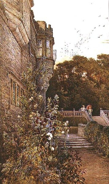Terassilla, Haddon Hall (akvarelli) tekijältä Charles Earle
