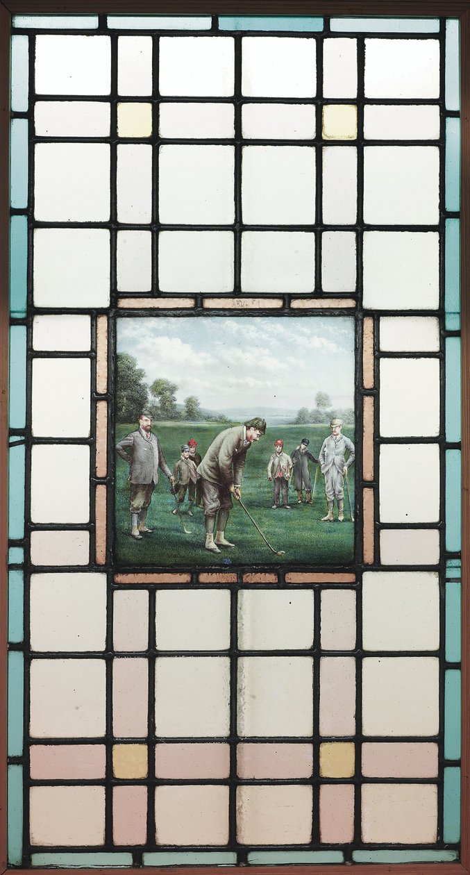 Myöhäinen viktoriaaninen lyijylasi-ikkuna golfaajien kanssa, c. 1890 tekijältä Charles Edmund Brock