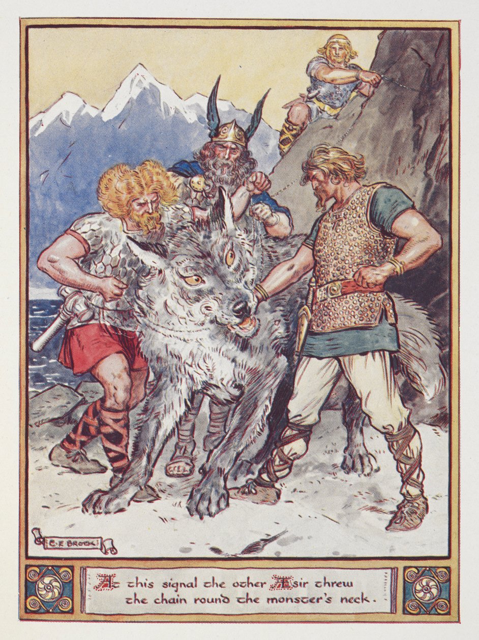 "Tästä merkistä toinen Esir heitti ketjun hirviön kaulaan. Tyr lupaa kätensä ketjuttaa Fenrir the Wolf, kuvitus "The Heroes of Asgard", kirjoittanut Annie Keary, publ. 1930 (väri litho) tekijältä Charles Edmund Brock