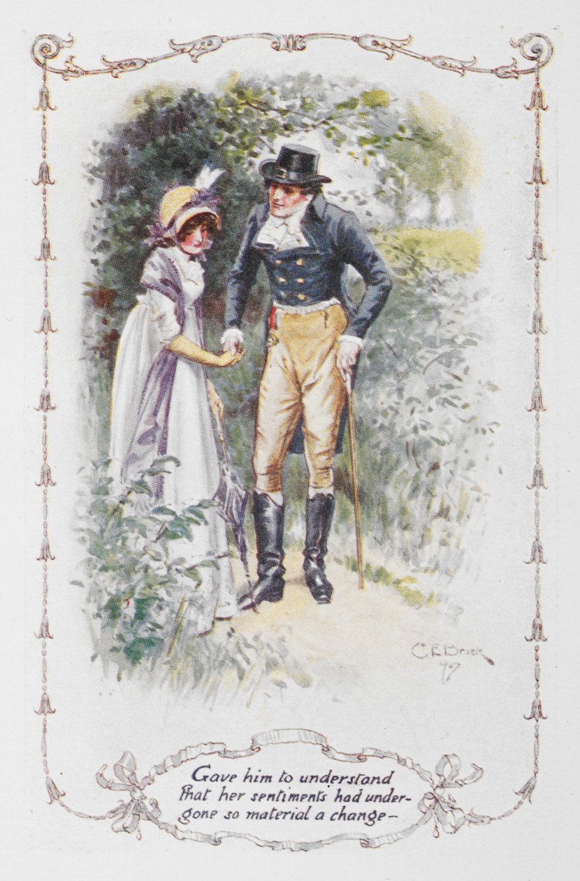 Sai hänet ymmärtämään, että hänen tunteensa olivat kokeneet niin merkittävän muutoksen..., kuva Jane Austenin teoksesta "Ylpeys ja ennakkoluulo" (väri litho) tekijältä Charles Edmund Brock