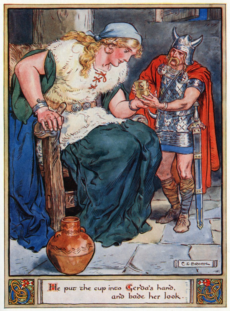 "Hän laittoi kupin Gerdan käteen ja katsoi häntä", kuvitus teoksesta "Asgardin sankarit, tarinoita skandinavian mytologiasta", A und E Keary, 1930 tekijältä Charles Edmund Brock