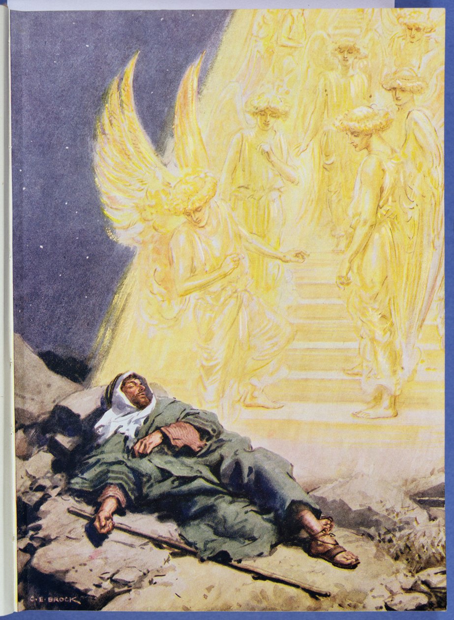 "Hän näkee kiemurtelevat portaat, jotka ulottuvat maasta taivaaseen, loistaen kirkkaudesta", kuvitus teoksesta "Through the Bible", Virtue Publishing, 1928 tekijältä Charles Edmund Brock
