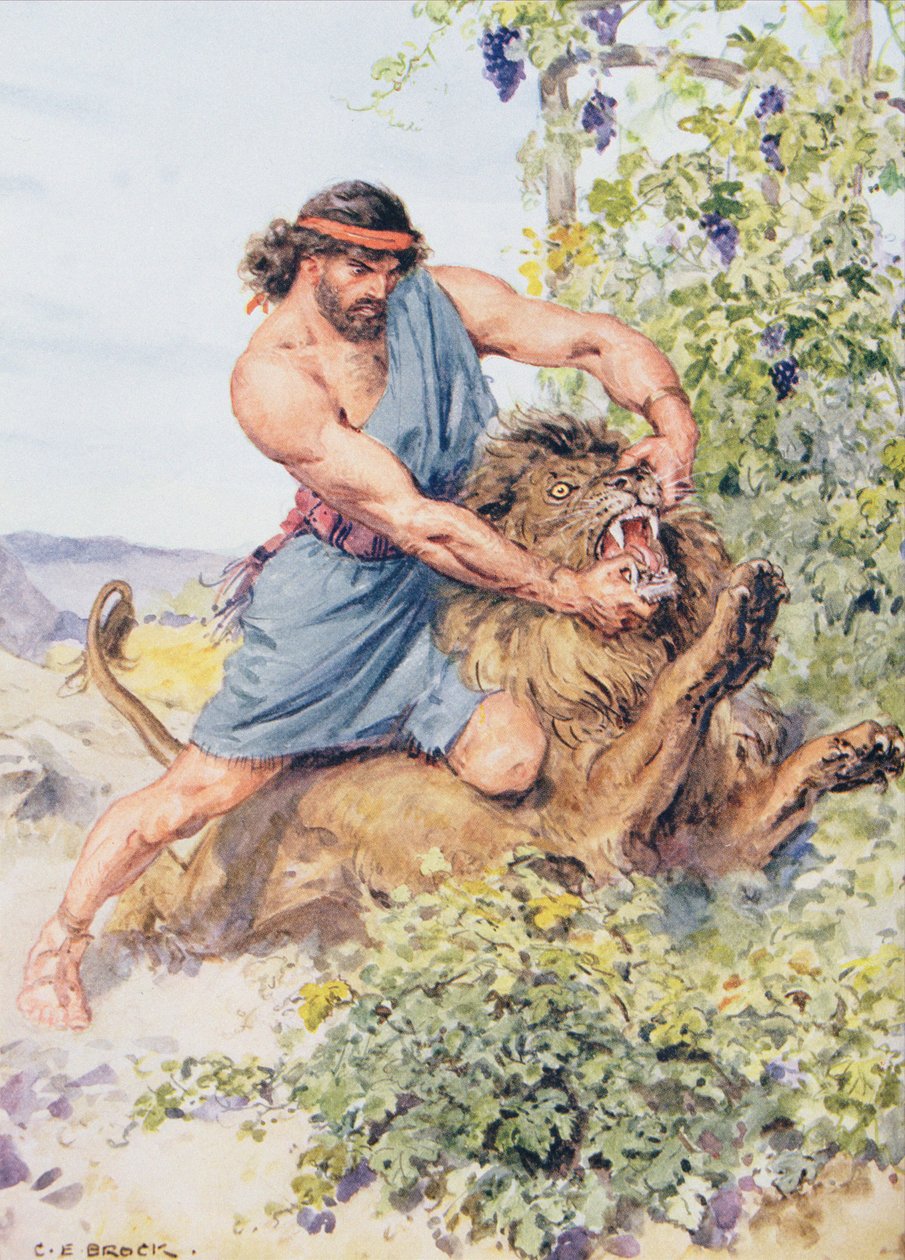 "Hän tarttui leijonaan ja repäisi sen palasiksi", kuva "Through the Bible", Venture Publishing, 1928 tekijältä Charles Edmund Brock