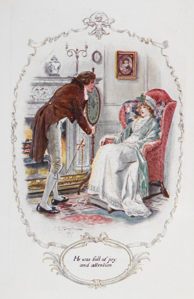 Hän oli täynnä iloa ja huomiota", kuvitus Jane Austenin teokseen "Ylpeys ja ennakkoluulo". tekijältä Charles Edmund Brock